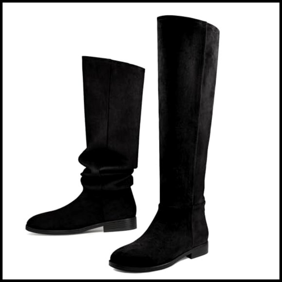 Suede Convertible Knee High Boots Fold Over Slouchy Flat Round Toe - Picture 5 of 7
